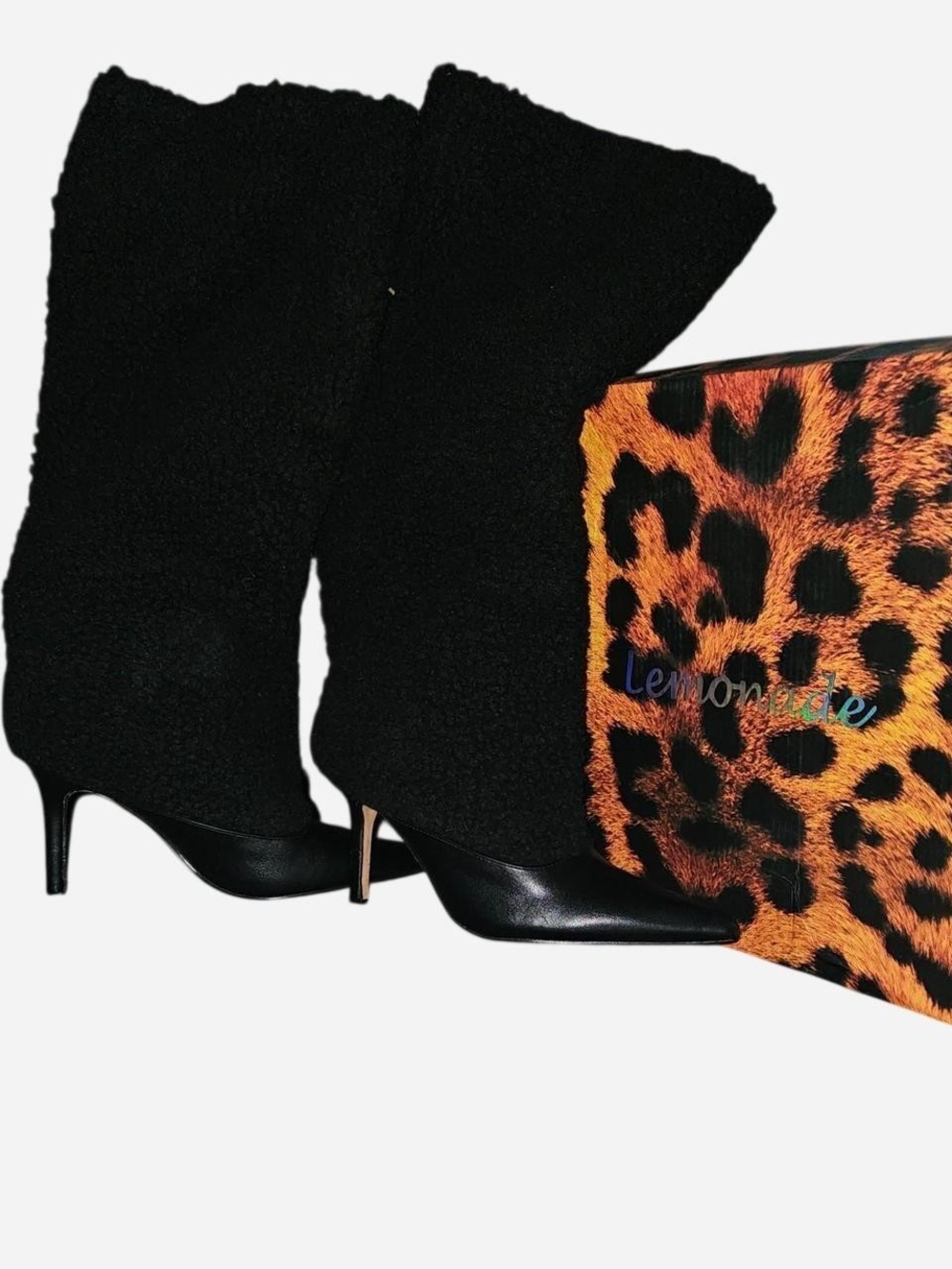 Lemonade Black Mid-Calf Faux-Shearling Stiletto Boots